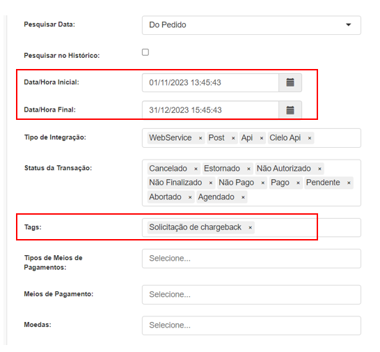Adicione o período da busca e filtre pela tag SOLICITAÇÃO DE CHARGEBACK.PNG