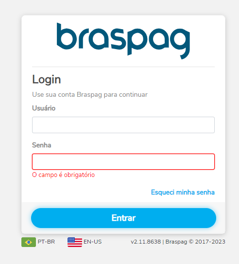 Tela de login admin braspag